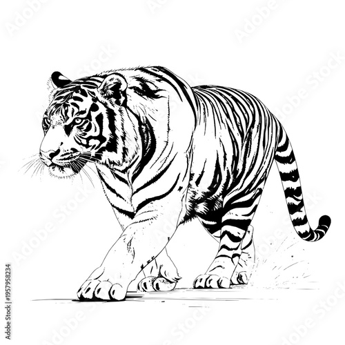 A detailed black and white ink drawing of a powerful tiger walking gracefully.