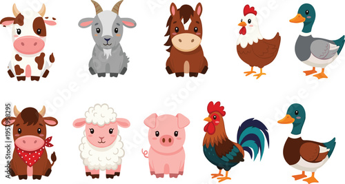 Cute Farm Animals Cartoon Characters Collection with Cow Goat Horse Chicken Duck Pig Vector Illustration Set