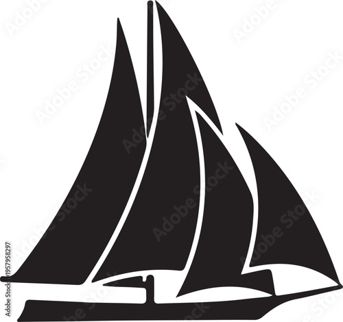 A minimalist black silhouette graphic of a sailing boat featuring three distinct triangular sails