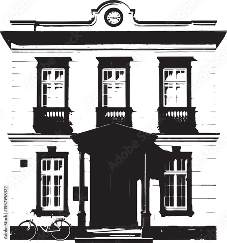 A high contrast black and white graphic illustration of a vintage building with a classic clock
