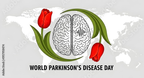 World parkinsons disease day awareness illustration with brain and tulips on gray background