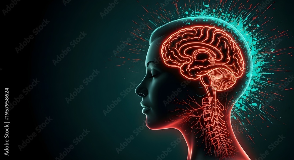 Obraz premium A glowing neon illustration of a human head in profile with a visible brain and nervous system on a dark background with splashes of color