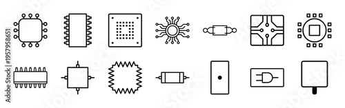 Semiconductor Processor and Microchip Hardware Engineering Icon Set, Minimalist Monoline Geometric Line Art for Tech Infrastructure.