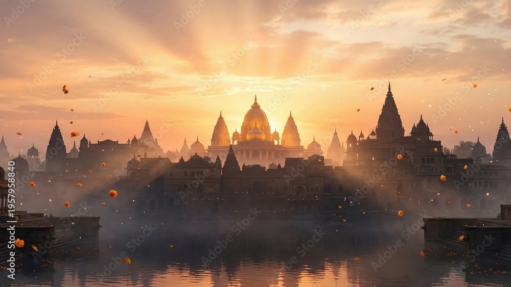 Naklejka premium Ayodhya Sunrise Temple Background Ram Navami Festival Scene