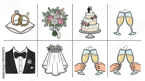 Collection of wedding icons with rings, bouquet, cake, suit, and veil