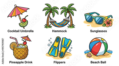 Collection of tropical vacation and beach elements