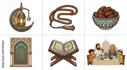 Islamic Ramadan symbols and family Iftar meal illustration