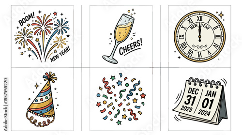 New Year celebration elements collage with fireworks and clock