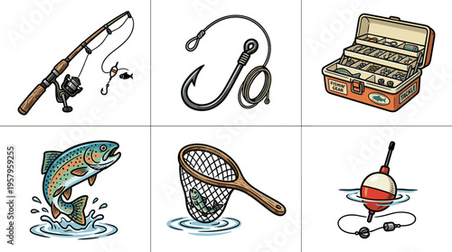 Collection of illustrated fishing gear and equipment