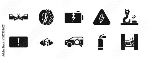 Car crash icons set: accident, electric vehicle issues, warning signs, repair