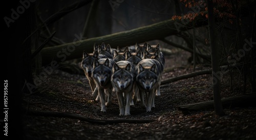 A potent wolf pack moves in unified motion through a shadowy, dense forest thicket, embodying primal instincts and collective power.