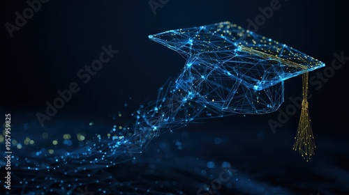 Digital graduation cap symbolizes academic achievement and technological advancement in education. ..Created with Generative AI, not depicting real subjects.