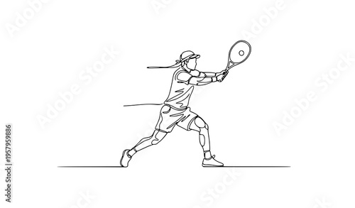 One line tennis player forehand swing side view minimal sports vector illustration isolated on white background