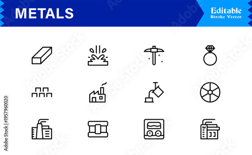 Metals and Mining Line Icon Collection – Minimal Unique Vector Icons for Industrial and Construction