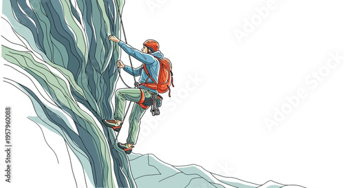 Mountain climber ascending a steep rock face with safety equipment and determination.