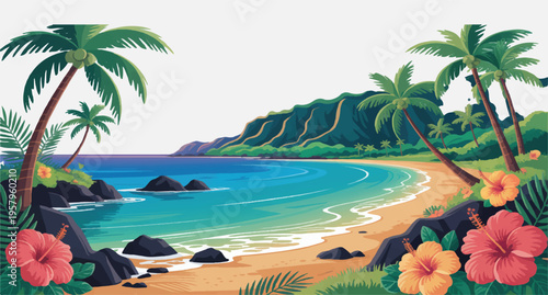  Tropical beach paradise with palm trees and vibrant flowers