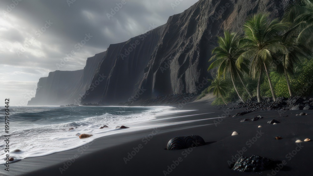 Obraz premium Dramatic Black Sand Beach with Cliffs and Palm Trees.