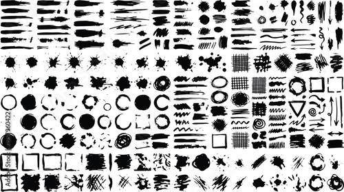 Collection of various black ink brush strokes and shapes on white background for graphic design elements  lines circles squares arrows