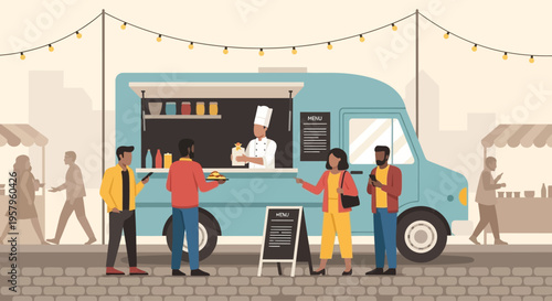 People queuing at a vibrant food truck for delicious street food.