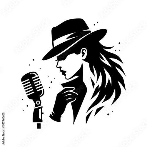 Monochrome Jazz Singer Silhouette in Fedora Beside Vintage Microphone
