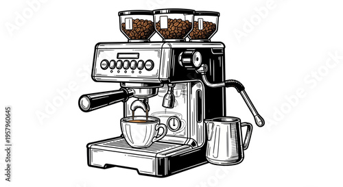 Vintage style espresso machine illustration with coffee cup and pot