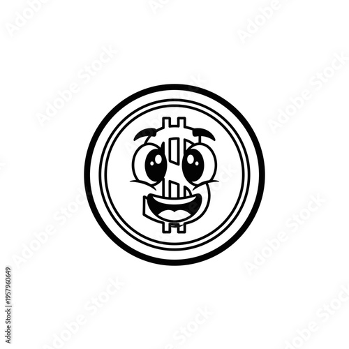 Smiling coin character face closeup.