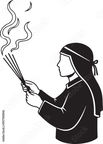 A black and white silhouette illustration of a person holding steaming incense sticks in prayer