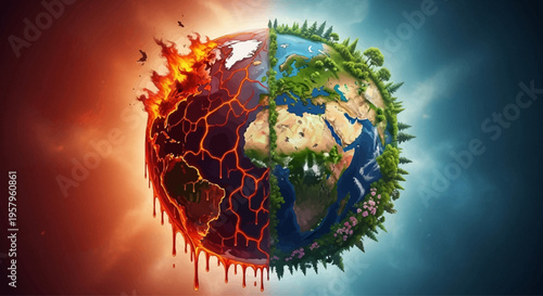 Planet Earth divided between extreme heat and lush greenery.