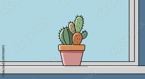 Potted prickly pear cactus with fruit on a windowsill.