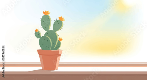 Potted Prickly Pear Cactus with Yellow Flowers on a Windowsill.