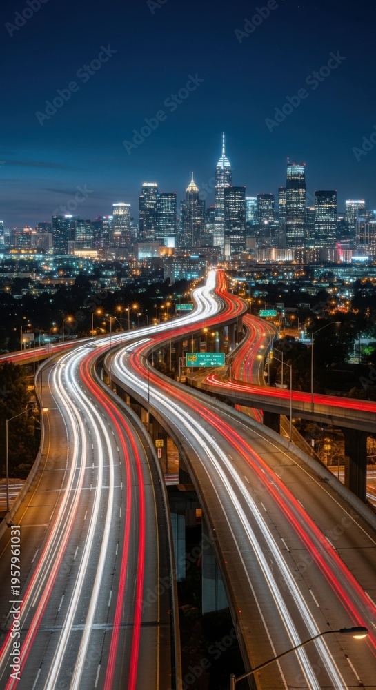 Fototapeta premium Urban Highway Network Flow Captures Cityscape Motion At Dusk