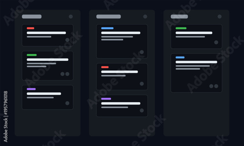 A minimalist digital kanban board interface featuring three columns with various task card items