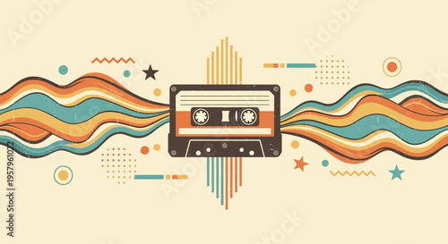Retro audio cassette tape with abstract sound waves and vintage design elements.