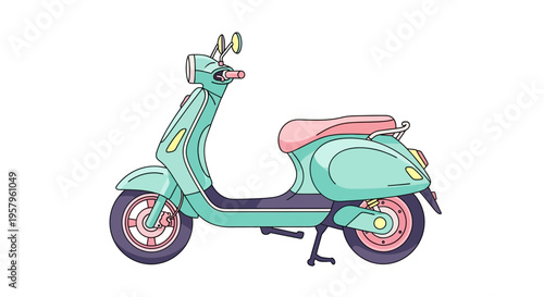 Retro mint green scooter with pink seat and chrome details.