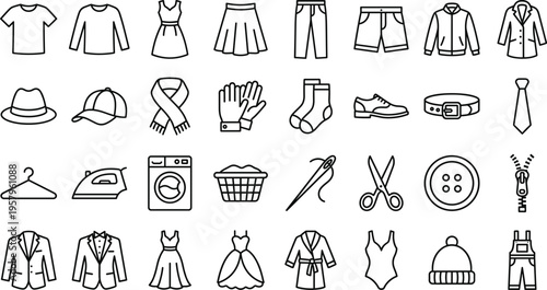 A set of line art clothing and laundry icons in a vector design concept, featuring various silhouette illustrations of garments and accessories.
