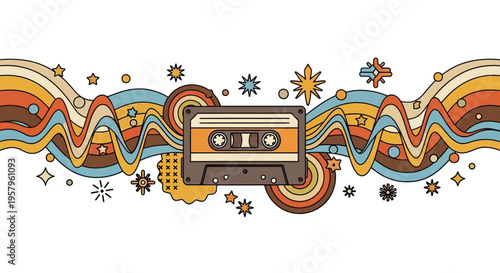 Retro audio cassette tape with vintage wavy lines and stars.