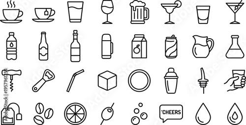 A set of line art design vector silhouettes concept featuring various drinks and beverages in a bundle of icons