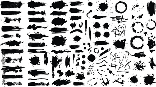 Collectionofvariousblackinksplashesandbrushstrokesonwhitebackgroundforgraphicdesign
