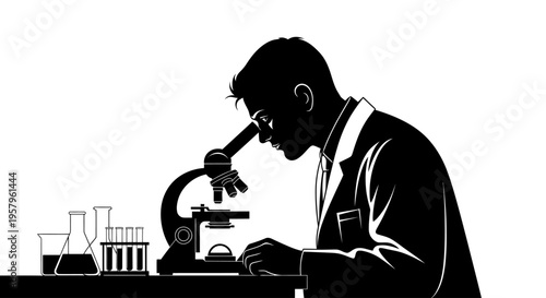 Scientist Examining Specimen Through Microscope in Lab Setting.
