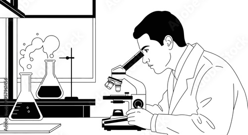 Scientist examining sample under microscope in laboratory.