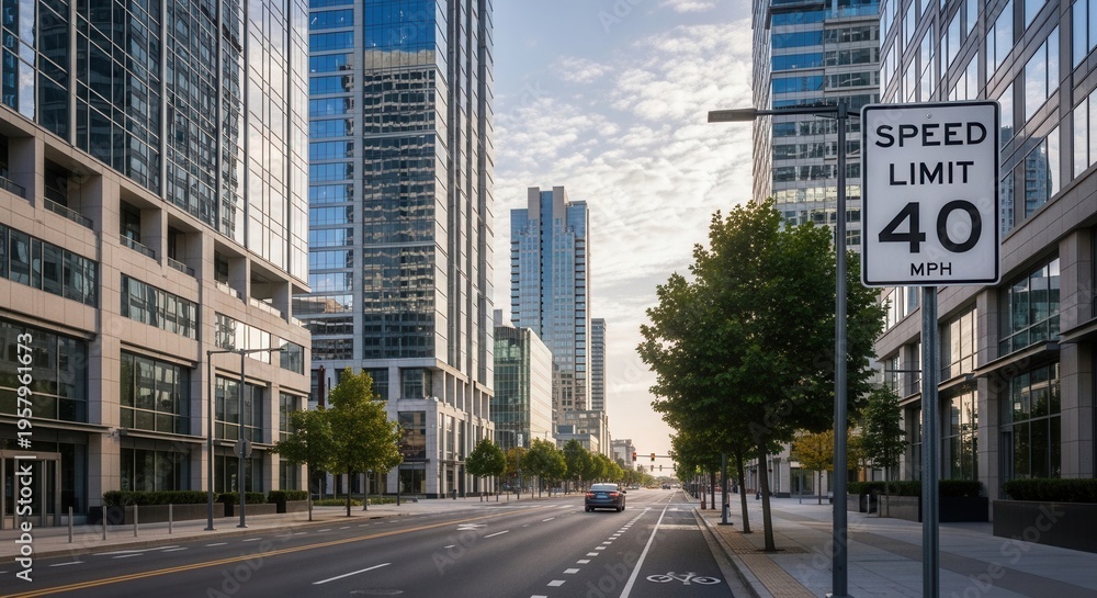 Obraz premium Urban Streetscape With Speed Limit Sign And Modern Architecture Under Sky