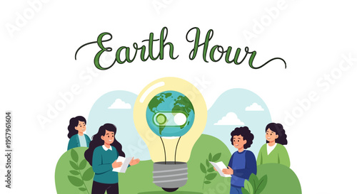 Illustration of four people participating in Earth Hour by turning off lights to promote global environmental awareness and sustainability.