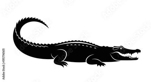 Silhouette of a fierce alligator with sharp teeth and a long tail.