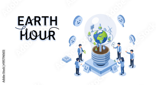 Illustration of people around a lightbulb with Earth on top, symbolizing Earth Hour and global environmental awareness with a blue and green color scheme on a white background.