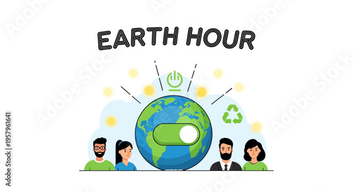 Illustration of people supporting Earth Hour campaign with a globe, lights off, and eco-friendly symbols, promoting environmental protection and sustainability awareness.
