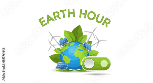 Illustration of Earth Hour campaign with a green globe, solar panel, wind turbines, and switch off lights concept, promoting sustainability awareness and environmental protection.