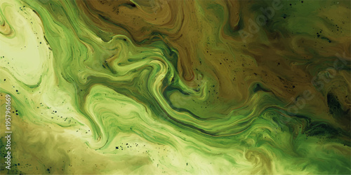 Abstract an ethereal, abstract artwork showcasing a symphony of swirling green and brown hues, reminiscent of a natural, fluid landscape. The painting is a study in organic forms and color.