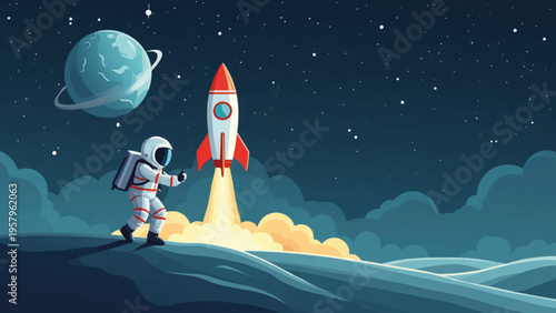 Vector illustration of astronaut launching rocket into space