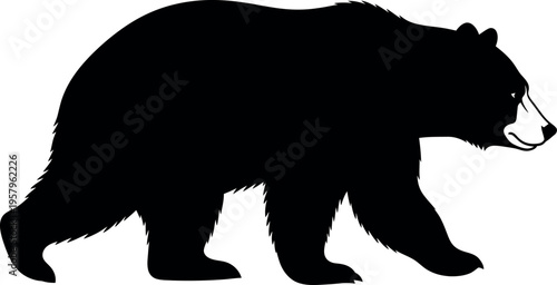 A black bear silhouette walking to the right with a white muzzle