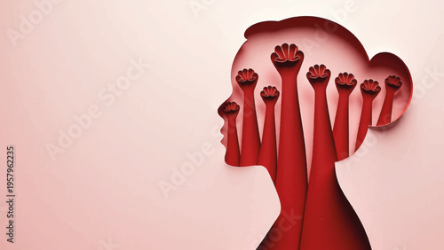 Vector illustration of woman head with fists emerging from face